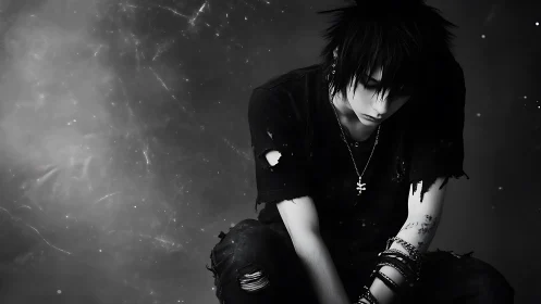Monochrome emo portrait isolates a brooding figure in void