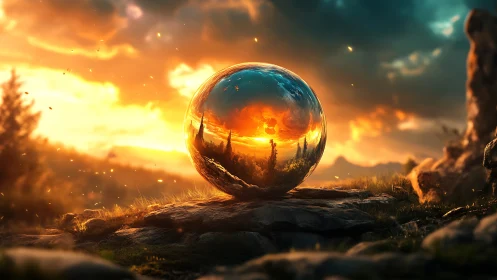 Spherical reflective object on rocky terrain at sunset.