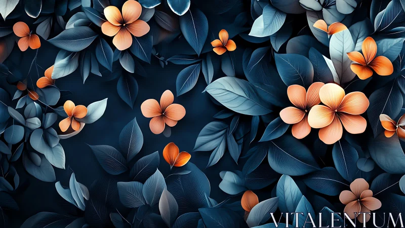 Orange Blossoms Against Deep Navy Botanical Composition.