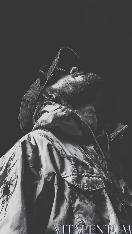 Low-angle monochrome portrait isolates raincoat textures and silhouette