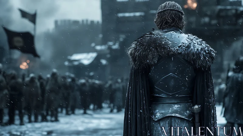 Snow-dusted warlord silently measures a restless frozen crowd