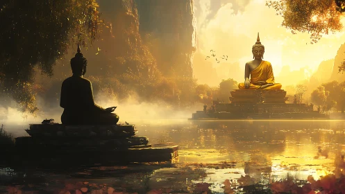Golden lake scene with meditating Buddha statues at dawn.
