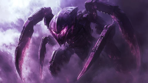 Bioluminescent scythe-armed mechanoid emerging from violet fog