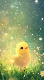 Backlit fluffy yellow chick in glowing spring meadow bokeh