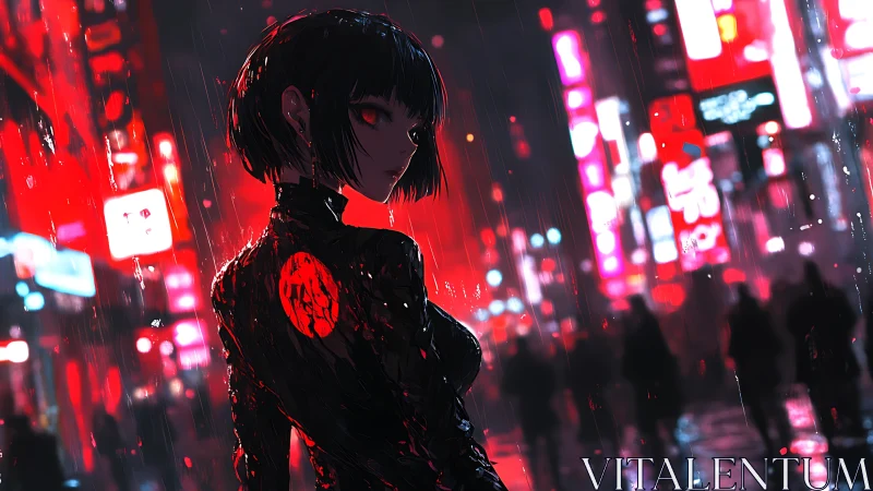 Female figure in neon city street under rainfall at night.