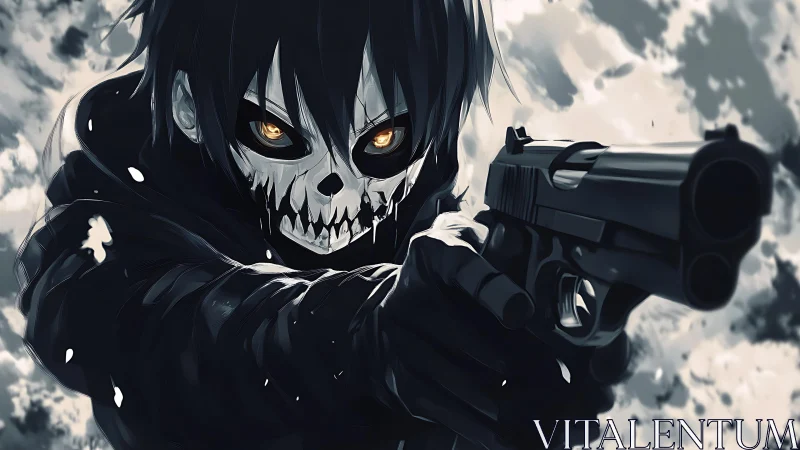 Masked anime gunman stares down the viewer in stark grayscale.