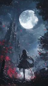 Solitary sword-bearing figure before distant moonlit tower.