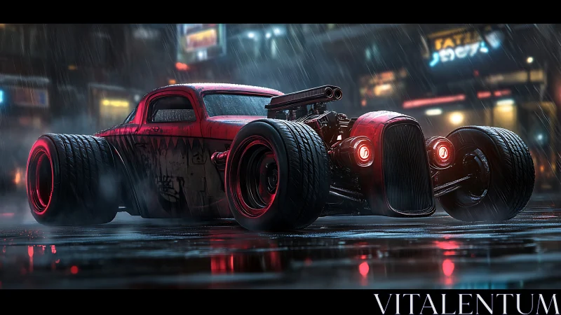 Neon-soaked hot rod under heavy rain in cyberpunk city.