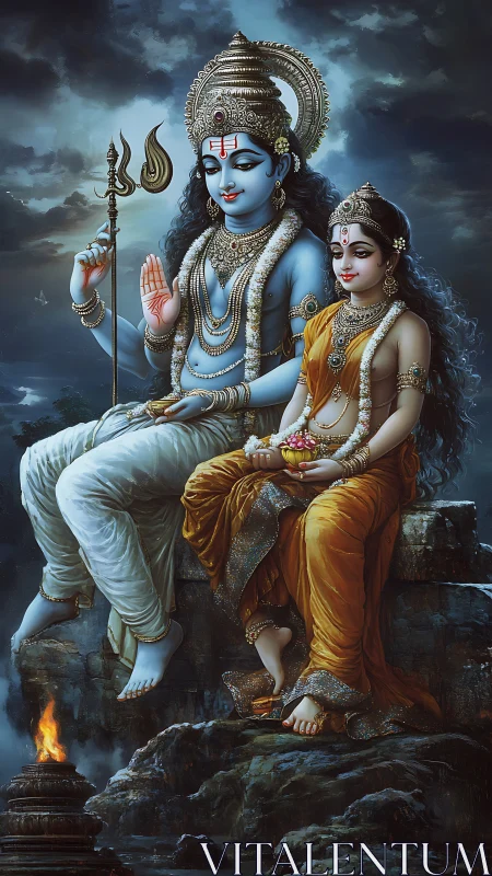 Divine blue couple rest on rocky ledge beneath stormy sky.