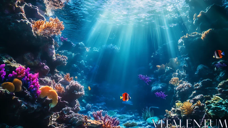 Sunlit coral reef glows beneath clear tropical ocean waves