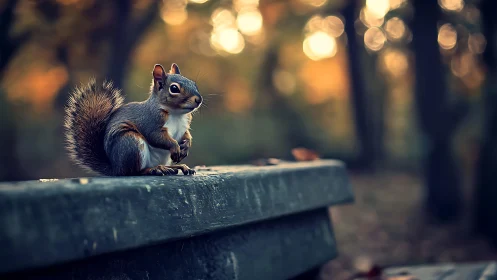 Autumn squirrel on bench in shallow depth-of-field woodland scene.