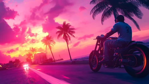Motorcyclist rides neon highway under tropical sunset glow