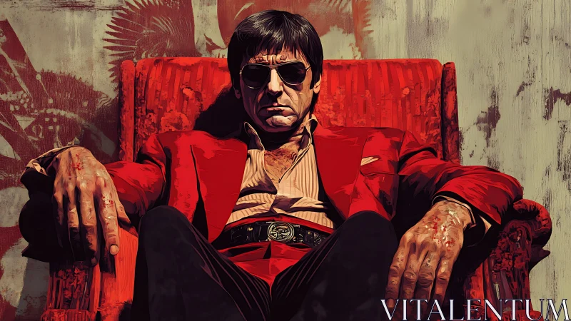 Brooding crime boss in bloodstained red suit portrait