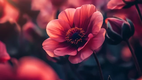 Pink anemone flower in soft focus bloom