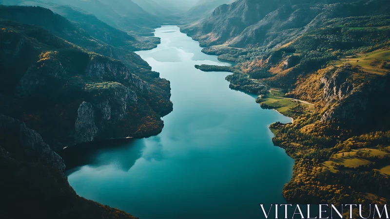 Sweeping mountain gorge with reflective teal river bend.