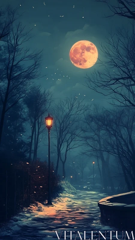 Blood moon glows above snowy lamplit winter pathway.