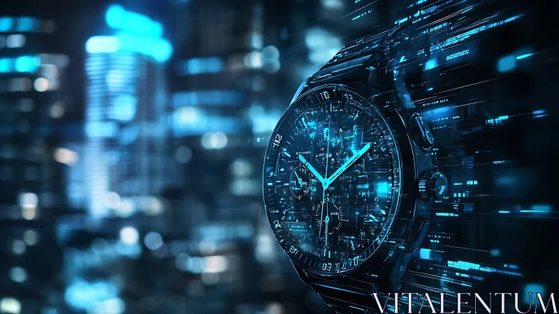 Futuristic city watch glowing with digital midnight energy.