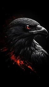 High-contrast raven portrait with red splatter accents