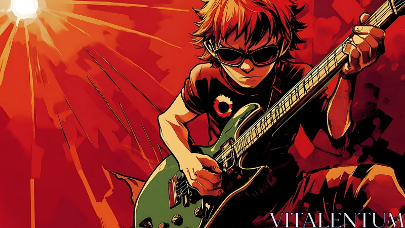 Anime guitarist solo under blazing red stage light.