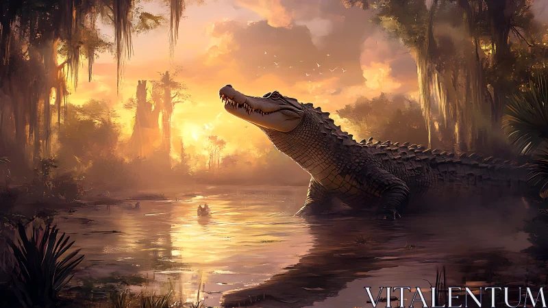 Sunlit alligator emergence in atmospheric swamp environment.