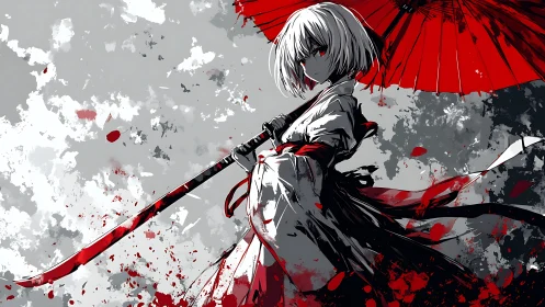 Samurai girl under crimson umbrella framed by splatter abstractions