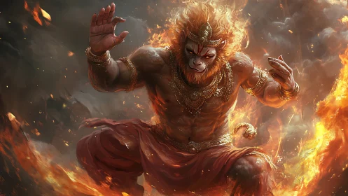 Fiery monkey warrior strides through flames with bold spirit.