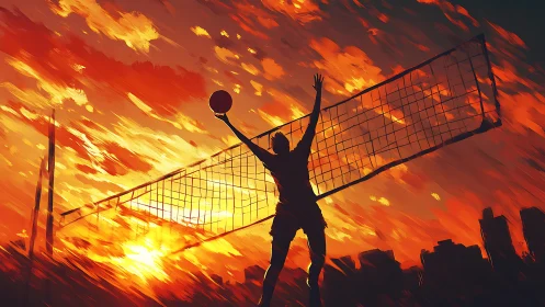 Sunset volleyball silhouette under blazing sky painting.