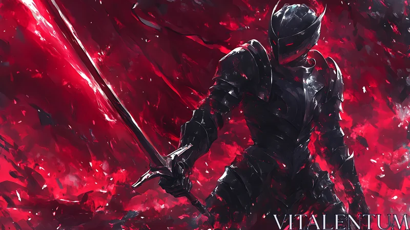 Dark armored warrior rising within swirling crimson fire.