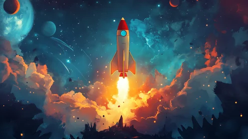 Retro rocket launches into a vibrant, dreamlike cosmos