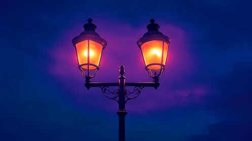 Twin street lamps glow warmly against deep blue dusk sky.