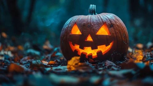 Glowing jack o lantern resting in eerie forest dusk.