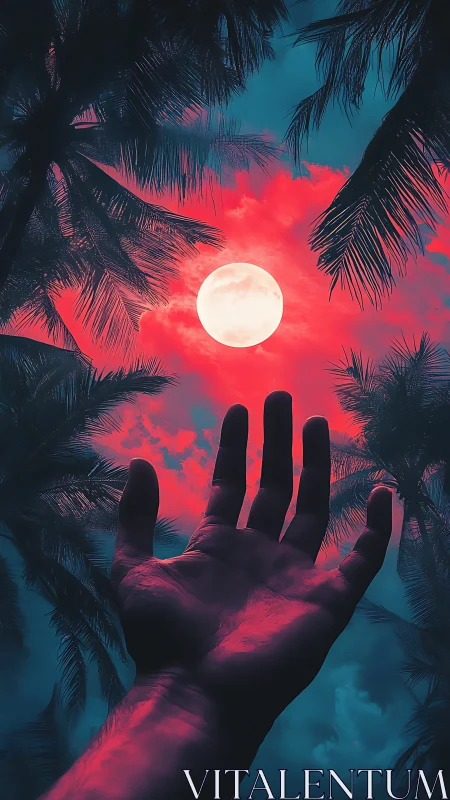 Reaching fingers chase a neon moon through tropical night haze