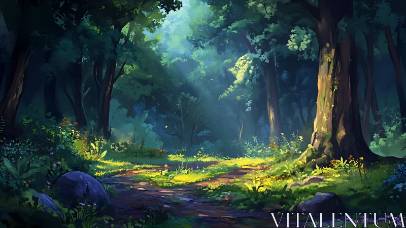 Dense Forest Interior with Directional Light and Vegetation.