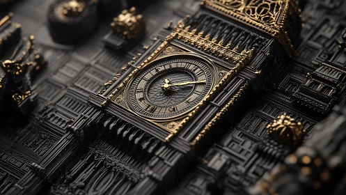 Ornate Clock Tower Gleaming in Gold and Shadow.