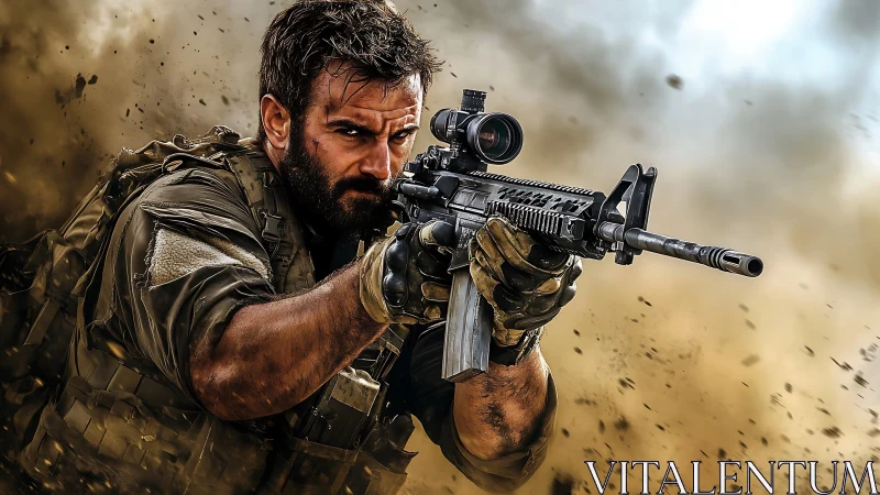 Battle-hardened operator aims scoped assault rifle amid dust blast