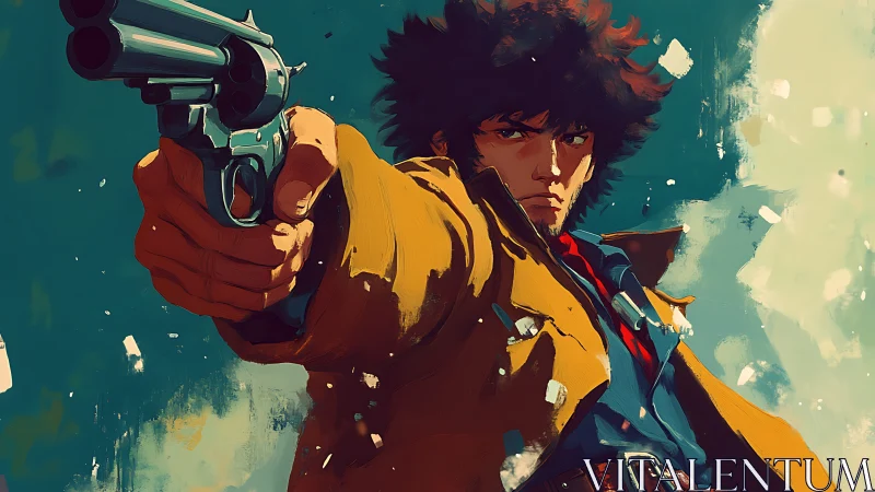 Gunman extends revolver toward viewer in bold anime frame.