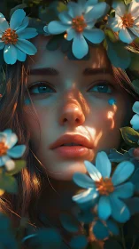Female face is framed by blue flowers under directional light