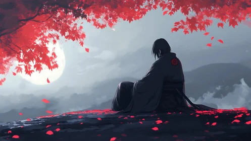 Quiet samurai evening beneath crimson autumn leaves.