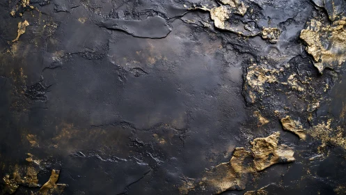 Textured black relief surface with irregular metallic gold strata