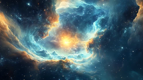 Stellar maelstrom unveils a newborn sun in swirling nebula.