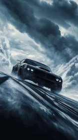 Low-angle muscle car drifting on wet asphalt under storm clouds