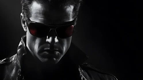 Moody cyber figure in dark glasses stares from shadows