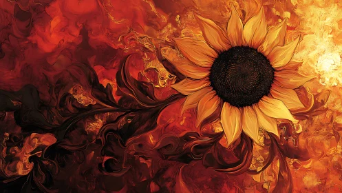 Sunflower pirouettes through molten sunset swirls of fire