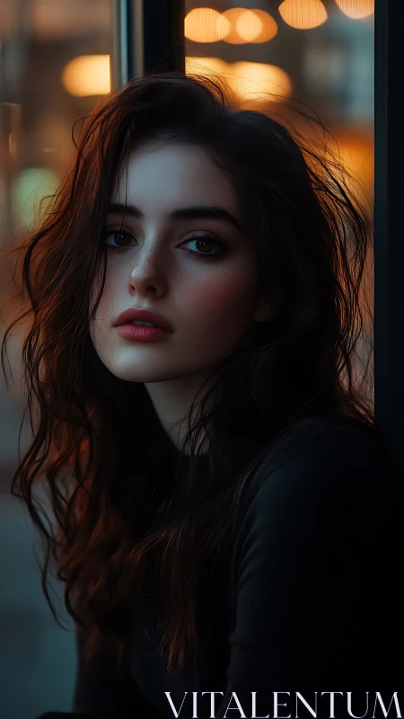 Photorealistic portrait by window with cinematic bokeh lighting.