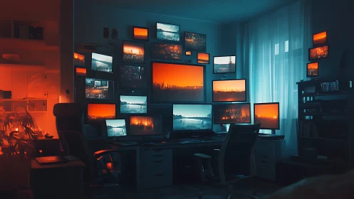 Neon sunsets multiply across a command center of glowing screens