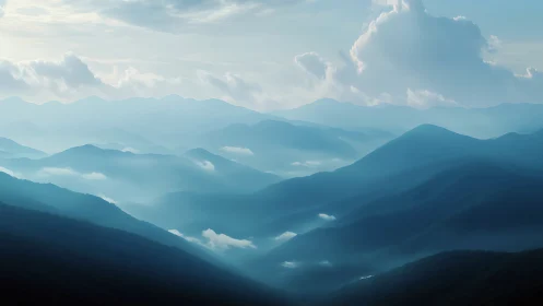 Gentle blue mountain layers relaxing under soft morning sky.