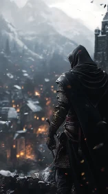 Hooded night sentinel studies a burning mountain stronghold