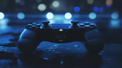 PlayStation 4 Controller Illuminated in Blue Gaming Environment