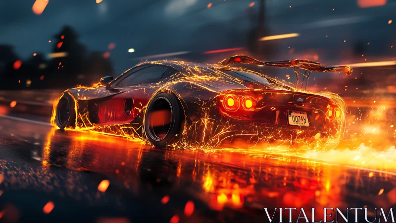 Sports car drifts on wet road with fiery motion trails