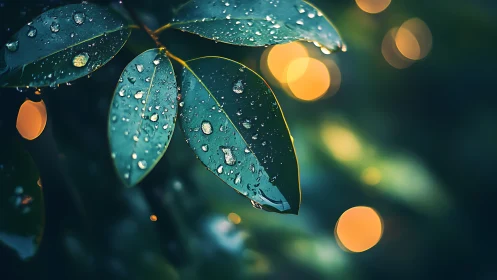 Rain-kissed leaves glow against warm evening bokeh.